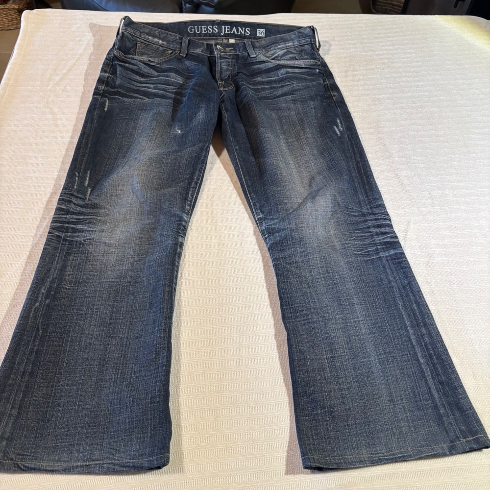 Guess Jeans Falcon Slim Boot Mens 36x30 Dark Wash Distressed Denim MB31030R9A0